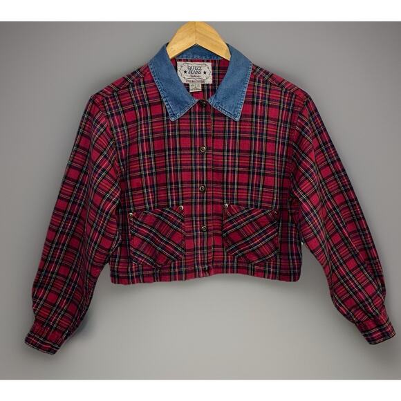 Vtg Quizz Red Plaid Crop Top Shirt Blue Jean Collar Button Down Cotton Sz M - Picture 1 of 14
